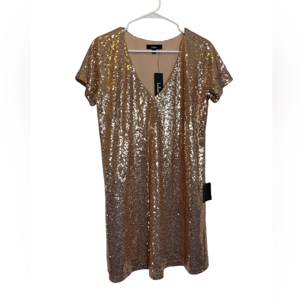 Lulu's Rose Gold Sequin V-Neck Mini Dress